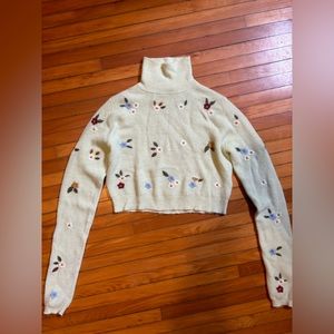 Zara Green Knit Embroidered Cropped Turtleneck Sweater